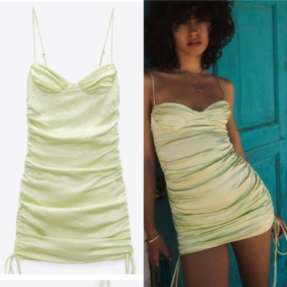 Zara Dresses & Skirts - Zara Lime green Satin ruched dress size L